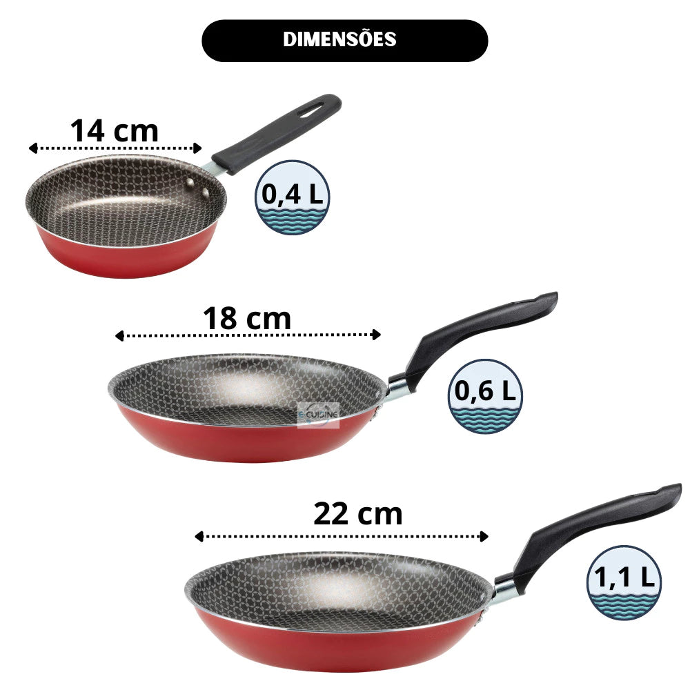 Kit Jogo de Frigideiras 3 Pçs Antiaderente Teflon 6 Camadas - Cozinhara