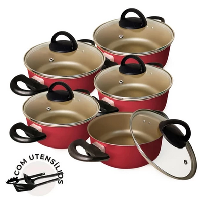 Jogo de Panelas Caçarolas Antiaderente - Conjunto de 5 Peças + Utensílios de Brinde