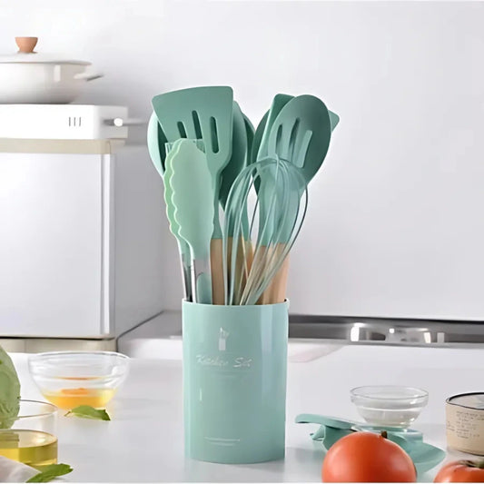 Kit-Completo-de-Utensílios-Luxo-12-Peças-Silicone-Verde-Resistente
