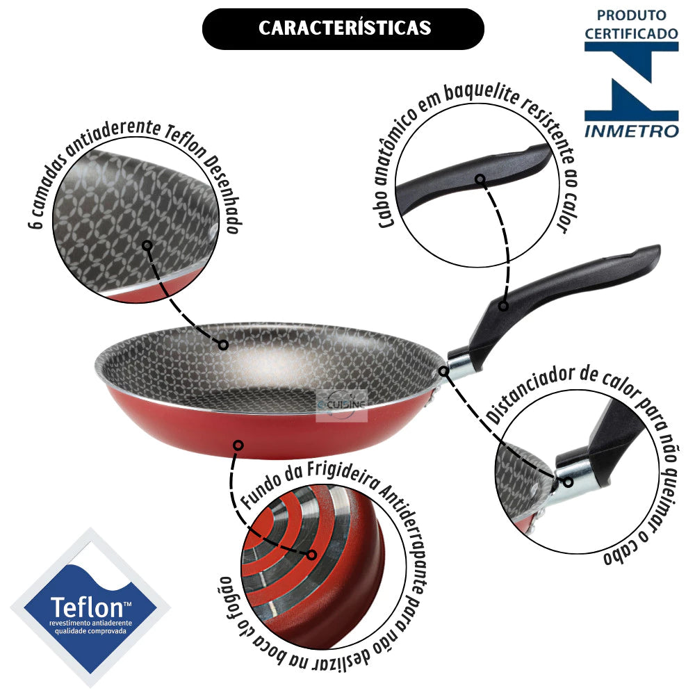 Kit Jogo de Frigideiras 3 Pçs Antiaderente Teflon 6 Camadas - Cozinhara