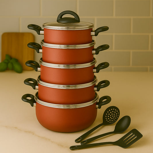 Jogo de Panelas Caçarolas Antiaderente - Conjunto de 5 Peças + Utensílios de Brinde